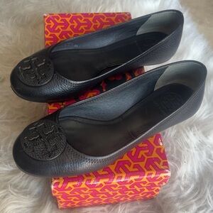 Tory Burch | Women’s Black Tumbled Leather Ballet Embroidered Flats Size 7.5